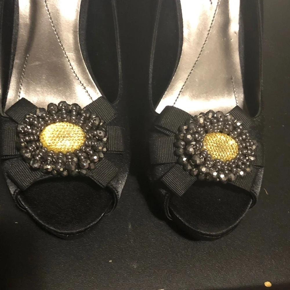 Apt. 9 Black Satin Peep-Toe Heels with Beaded Flower Accent